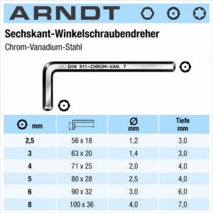 ARNDT Germany Security Allen Hex key 2.5-8mm size table